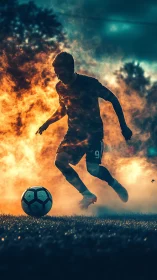 Silhouetted soccer forward dribbles through fiery backlight.
