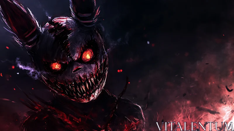 Demonic rabbit specter with blazing eyes in crimson smoke.