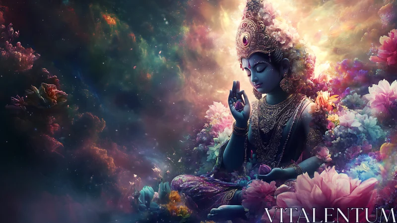 Celestial blue deity in ornate lotus nebula meditation