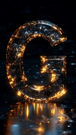 Glowing crystalline G letterform with reflective neon bokeh.