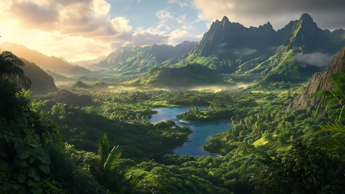 Lush tropical valley river under cinematic sunrise lighting.