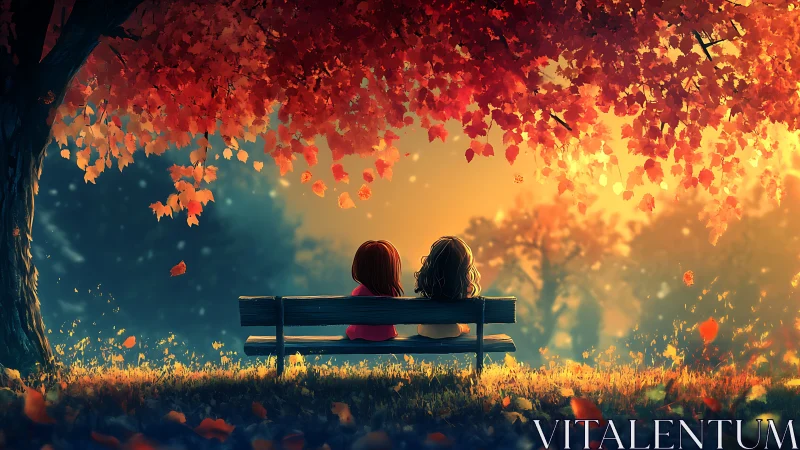 Two Figures on Bench Under Chromatic Canopy with Volumetric Illumination