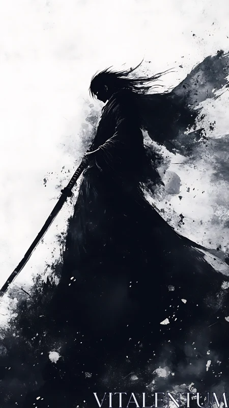 Silhouetted samurai warrior in monochrome ink splatter abstraction