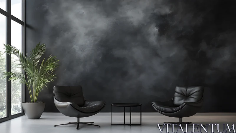 Minimalist lounge with black leather chairs and moody wall.
