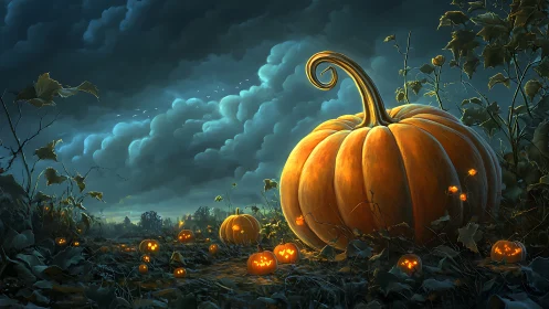 Moonlit pumpkin patch glowing with cozy Halloween magic.