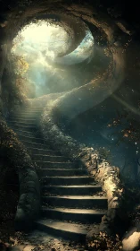 Spiral forest stairway winding toward a secret sky portal.