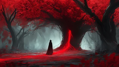 Cloaked figure in red forest before glowing central tree.