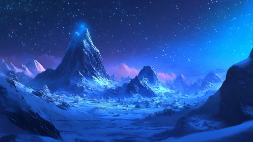 Snow-covered mountain range is rendered under starry night sky