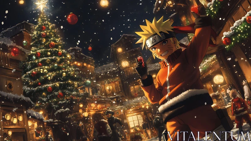 Anime character stands in illuminated snowy village at night