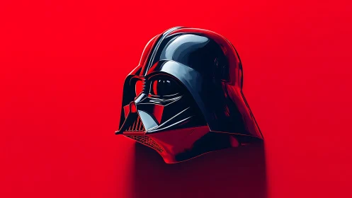 Iconic black sci‑fi helmet rendered on vivid red field.