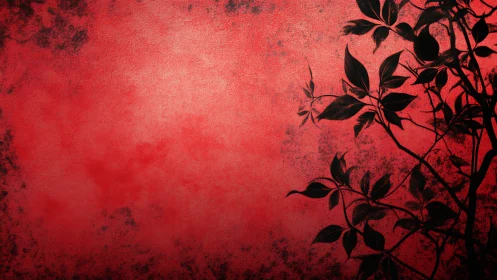 Soft red canvas glows behind graceful black leaf silhouettes