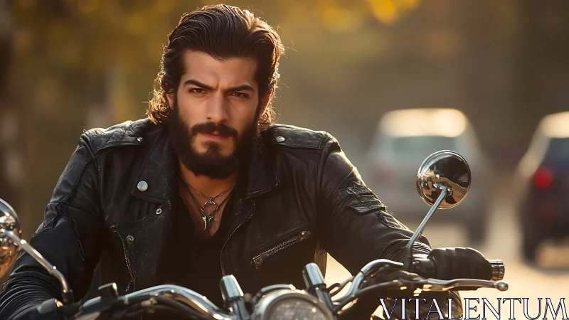 Man rides motorcycle on urban street in soft evening light