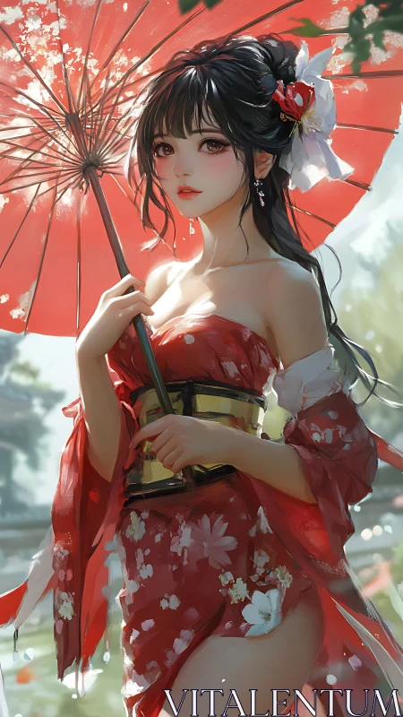 Kimono-clad heroine holds crimson parasol in soft sunlight.