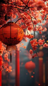 Lantern and cherry blossoms in shallow-depth atmospheric focus.