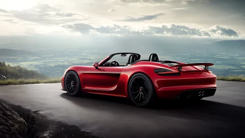 Red sports roadster above valley under dramatic sky.