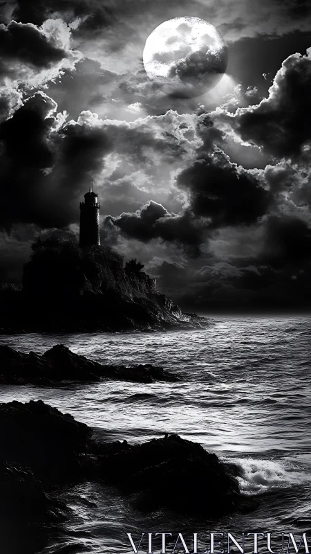 Monochrome seascape with lighthouse under dramatic full moon.