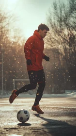 Young soccer player training on wet winter outdoor field.