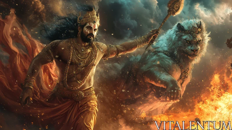 Mythic warrior and celestial lion charging through fire.