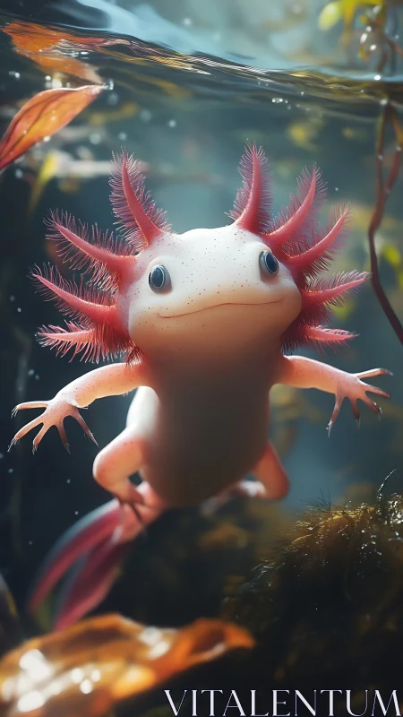 Photorealistic pink axolotl gliding through sunlit water.