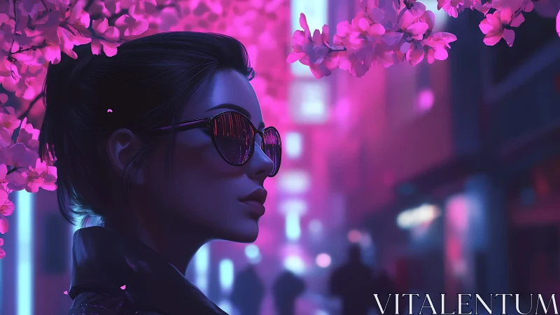 Neon city portrait merges cyberpunk streets and cherry blossoms