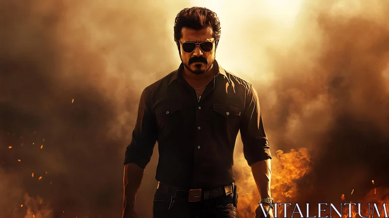 Smoldering action hero marching through golden inferno haze.