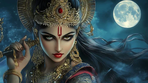 Moonlit goddess with flowing hair and fierce golden gaze.