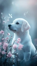 Soft-focus white puppy portrait in pastel floral bokeh field
