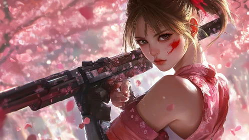 Female figure holds rifle amid dense pink blossom background