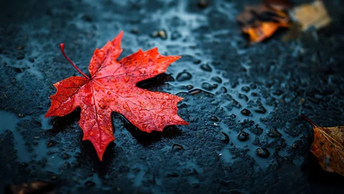 Wet red maple leaf on dark asphalt after rainfall.