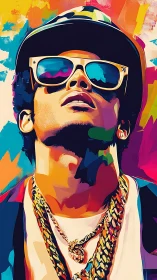 Colorful pop art portrait of man in sunglasses and chains.