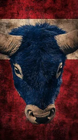 Textured blue bull head on distressed red striped backdrop