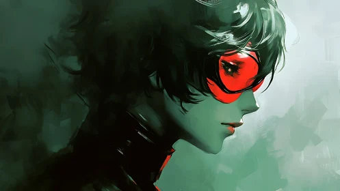 Cyberpunk profile portrait with red visor and painterly fog.