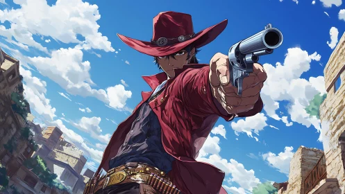 Anime gunslinger in red coat aiming revolver at viewer.