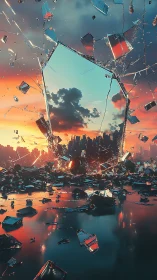Shattered glass portal reveals distant neon city skyline