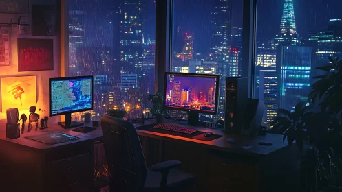 Dual-monitor cyberpunk workspace overlooks neon-soaked cityscape