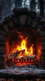 Stone Fireplace with Roaring Fire and Burning Logs