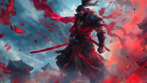 Fiery warrior in crimson robes commanding a storm of battle.