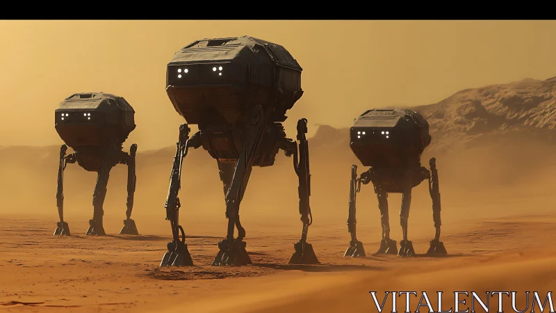 Sturdy walking robots stride calmly through a dusty alien desert