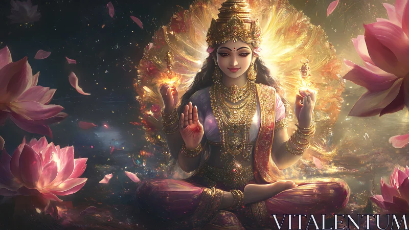 Golden lotus goddess meditates amid radiant cosmic light