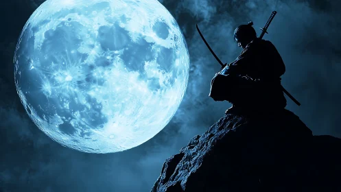 Samurai silhouette on rocky peak under full blue moon.