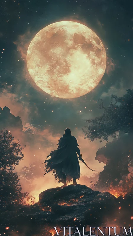Cloaked warrior stands on fiery cliff beneath enormous moon
