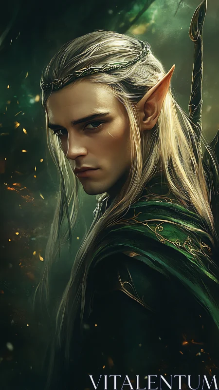 Forest elf guardian with luminous gaze and quiet power.