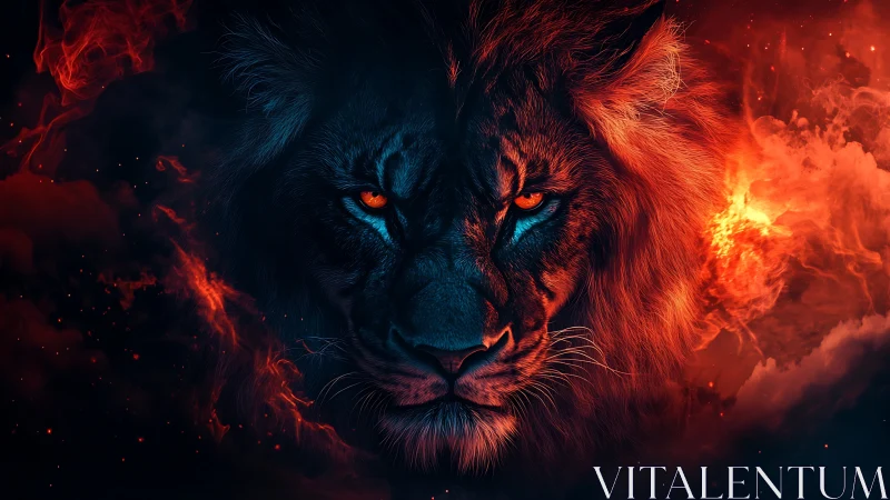 Infernal lion portrait in dual-tone cyan and ember glow.