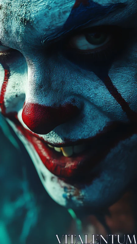 Sinister closeup of clown face with smudged red makeup.