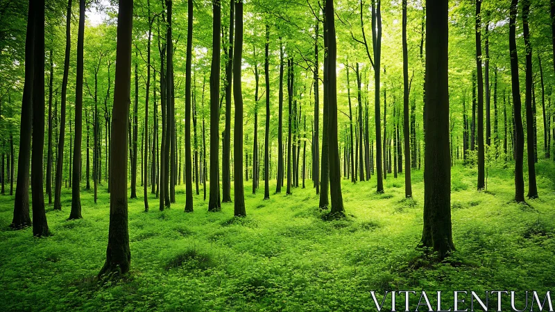 Sunlit Green Forest with Tall Trees in Serene Natural Style.