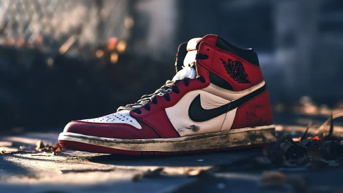 Weathered red high-top sneaker rests on sunlit pavement
