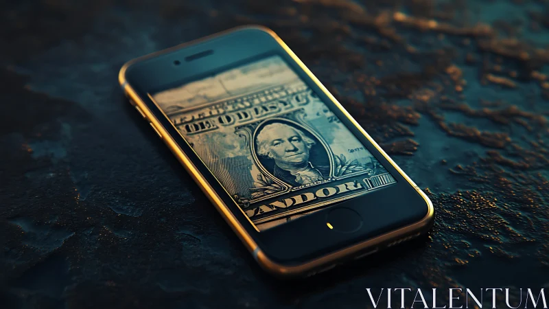 Smartphone screen displays dollar bill under moody lighting