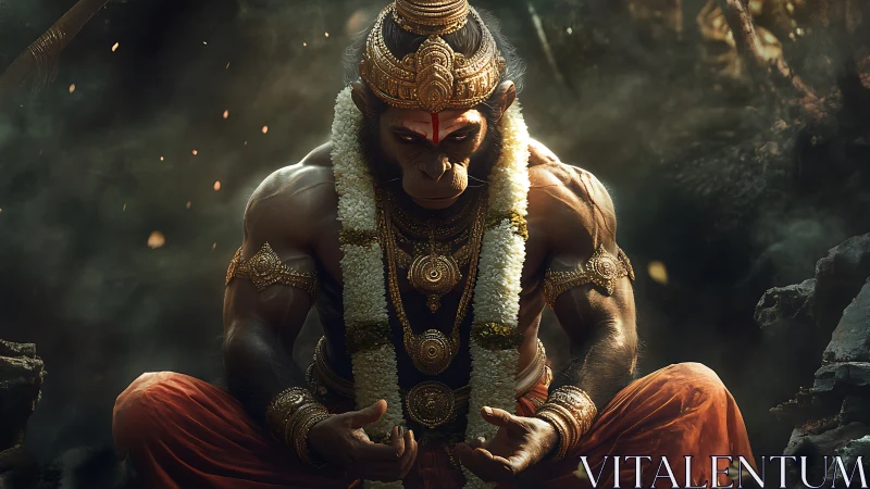 Muscular monkey warrior deity sits in ornate golden armor