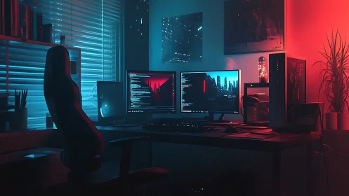 Neon code streams hum quietly across a midnight gaming desk