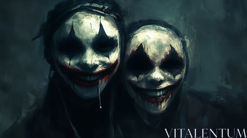 Two eerie clown faces with smeared blood and dark tones.